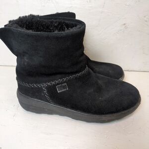 FitFlop Shorty Black Suede Ankle Boot  Women's 6.5 Faux Fur Lining Fit Flop